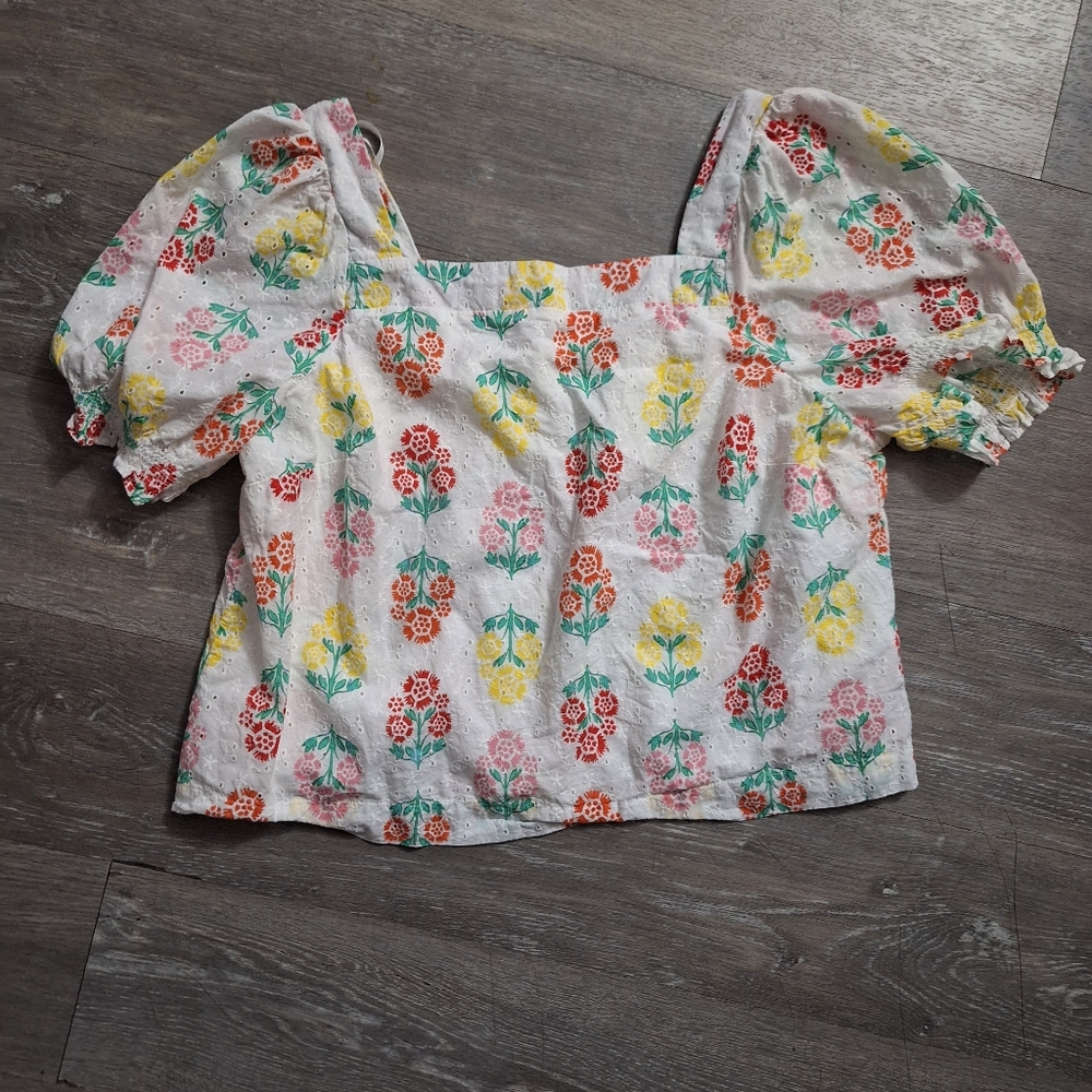 Draper James White Floral Puff Sleeve Eyelet Top